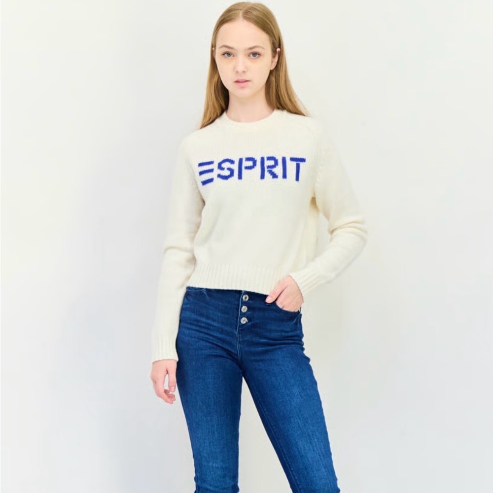 Esprit New York Classic Cream Crewneck Sweater with Blue Logo